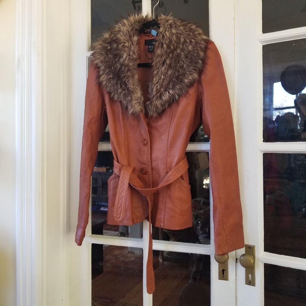 Leather +  Fur Trim Jacket in Saddle Tan